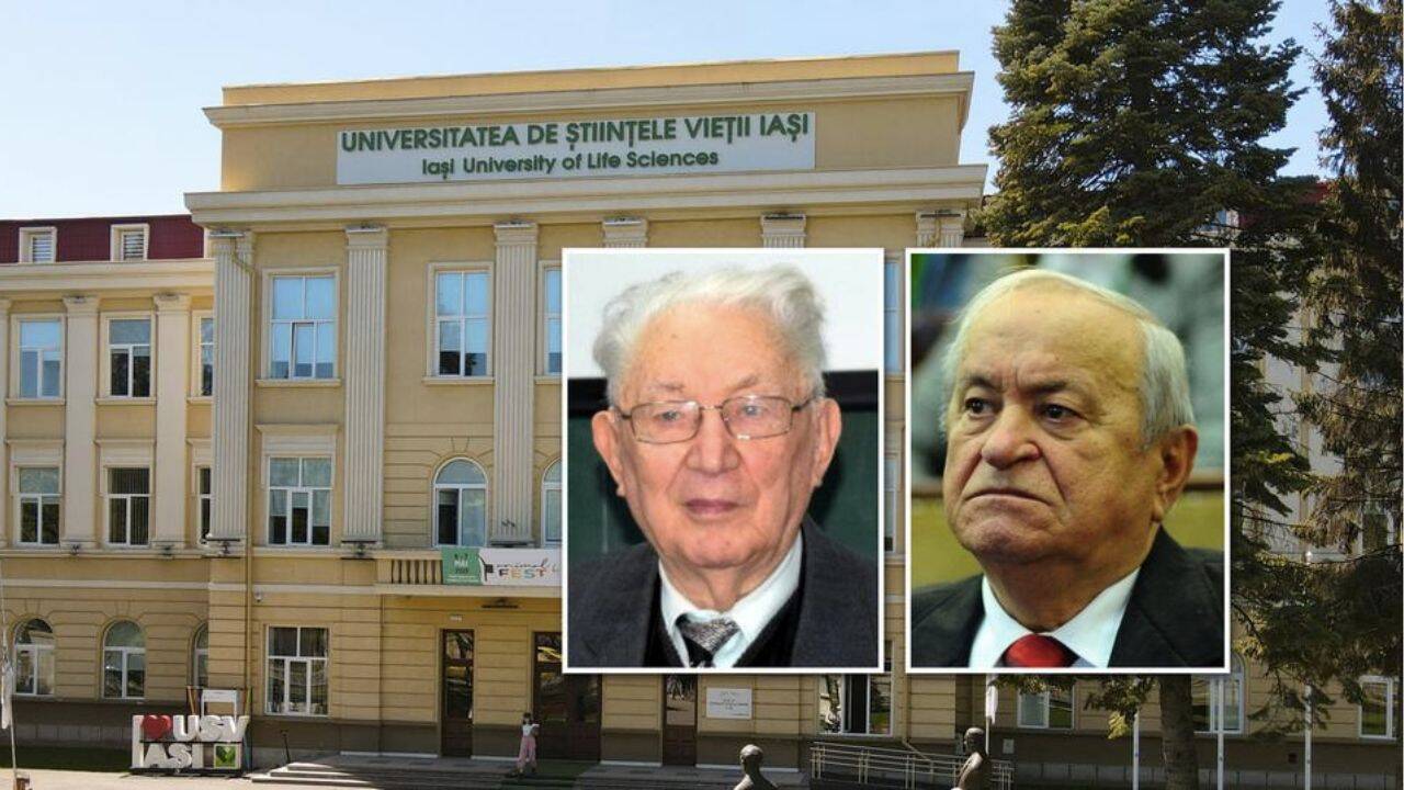 portretele a doi profesori si cladirea USV Iasi pe fundal